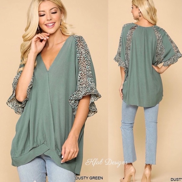 Sage Green Leopard Detail Surplice Front Twist Top - Picture 3 of 6